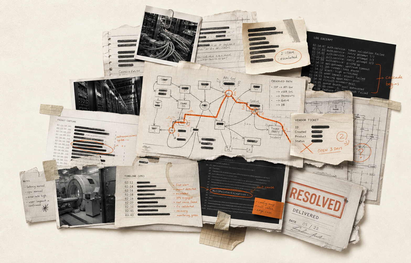 3PS case-board collage with system diagrams, incident notes, logs, vendor tickets, and recovery markings.